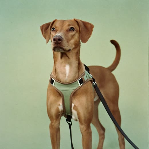 A dog in a harness and lead ready for a walk